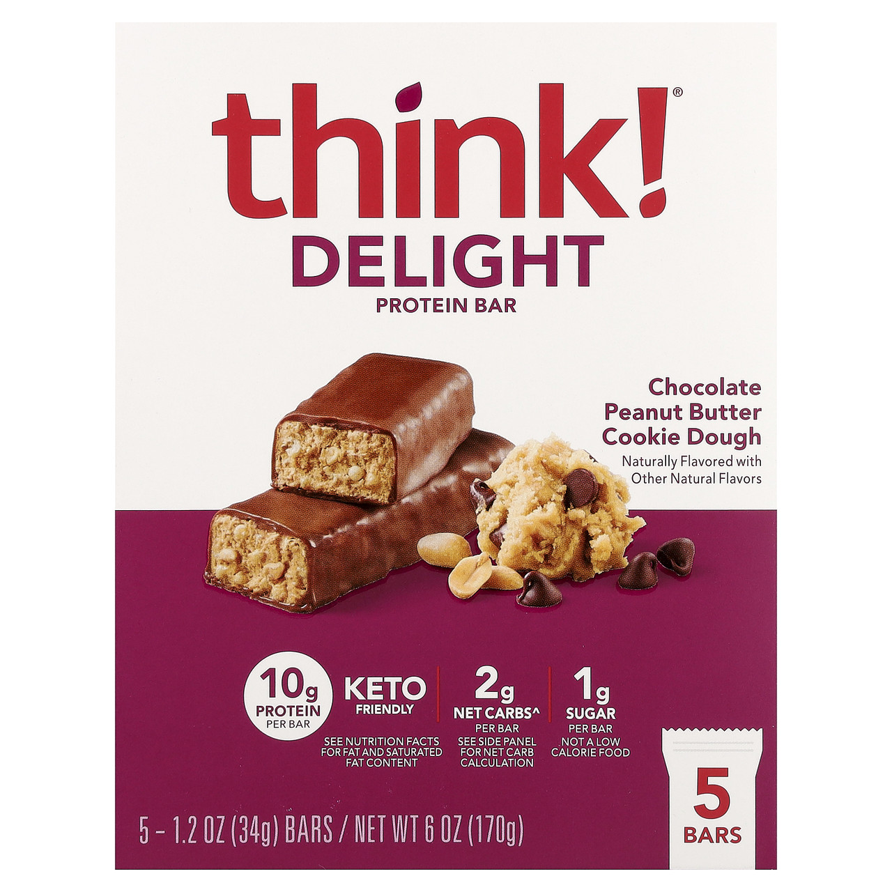 Think!, Keto Protein Bars, шоколадне печиво з арахісовою олією, 5 батончиків, 34 г (1,2 унції), Київ, фото 1
