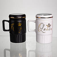 Набор парных фарфоровых чашек с крышкой 2 (шт) по 450  (мл) чашки на подарок Черный с белым