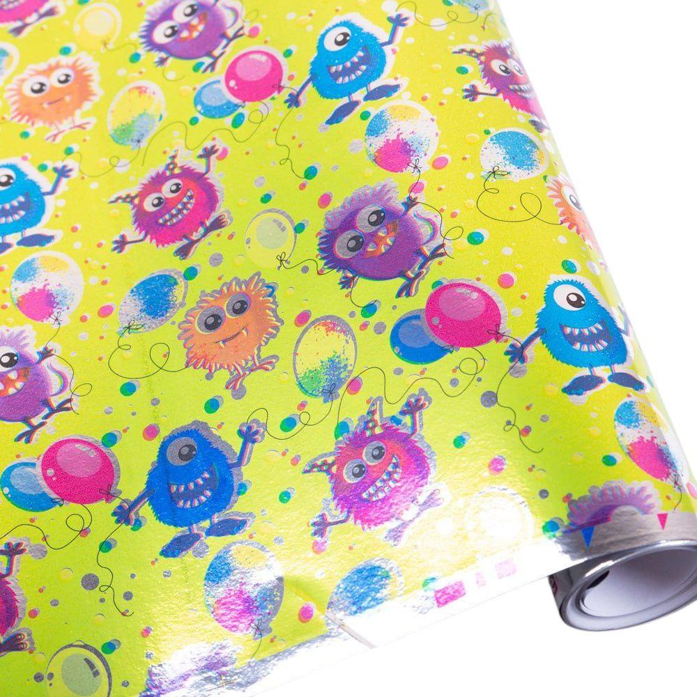 Подарунковий папір маталік Монстрики / Металізований Gift Wrap Monsters 70 см × 10 м
