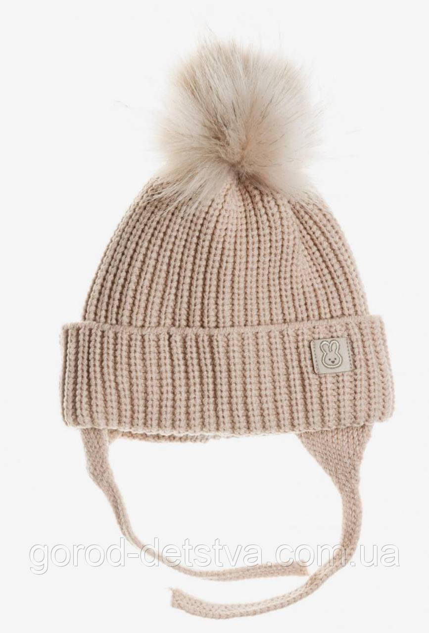 Зимова дитяча шапочка з бубоном на зав'язках для дівчинки розмір 46-48 см, фото 1