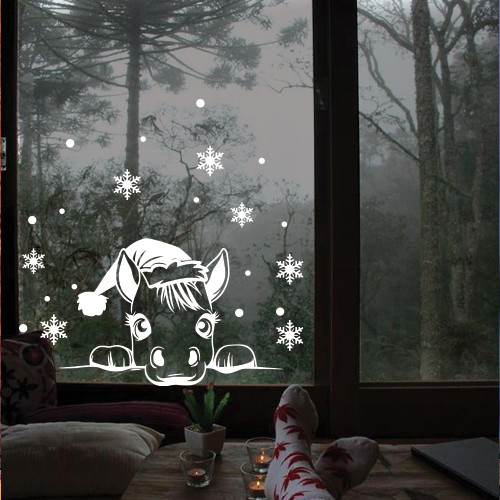 Наклейки на вікна стіни новорічні Цікавий кінь символ 2026 року сніжики сніжок матова 400х265 мм, фото 1