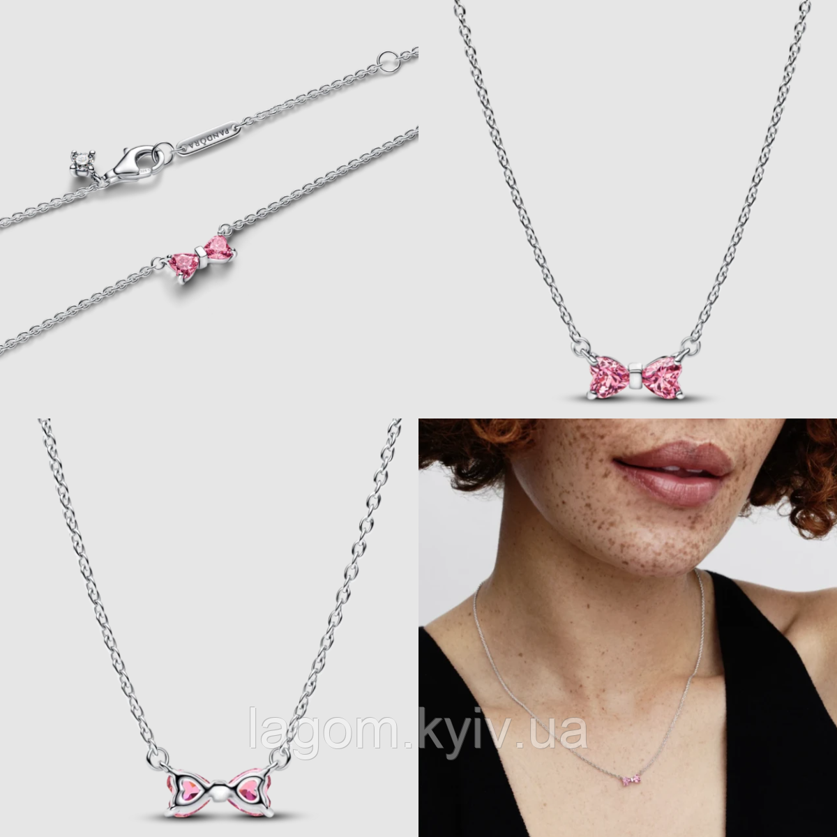 Срібне намисто в стилі PANDORA "Блискучий рожевий бант" 925 проба кольє підвіска ПАНДОРА, фото 1