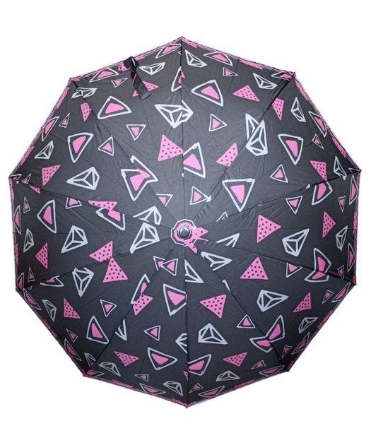 Парасолька SL474 напівавтомат жіноча на 10 спиць 3 склалання Чорна з рожевим, фото 1