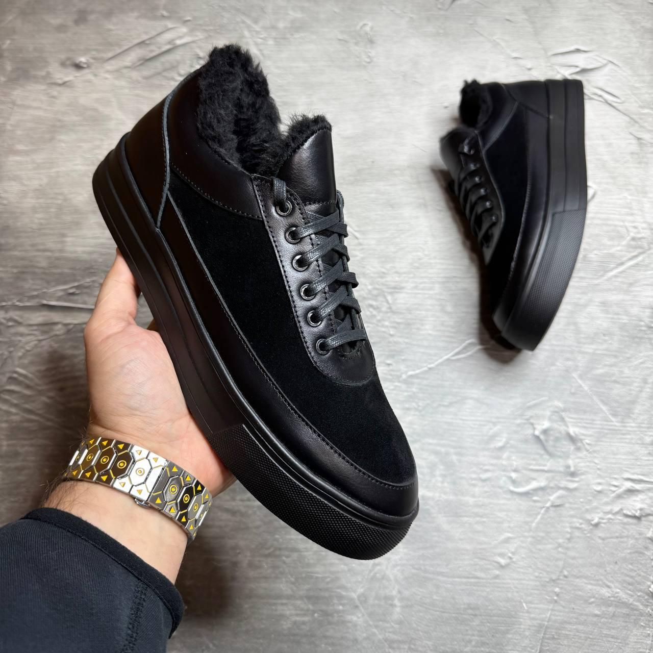 Кеди шкіряні чоловічі зимові на хутрі чорні до -10°С, фото 1