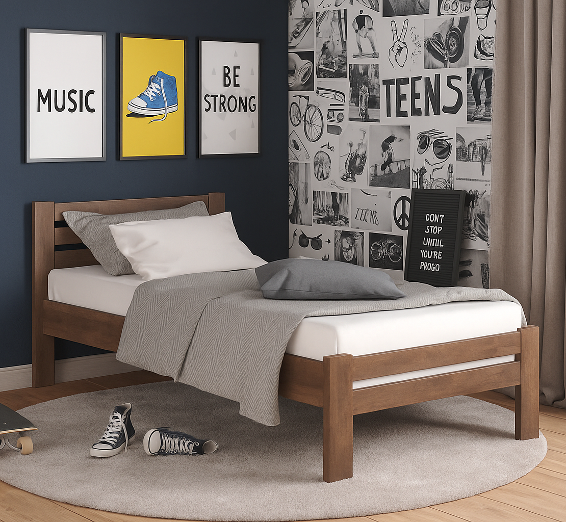 Сучасне ліжко дерев'яне односпальне горіх 90*200 см з масиву дерева бука з ламелями ортопедичне на ніжках модерн Алекс, фото 1