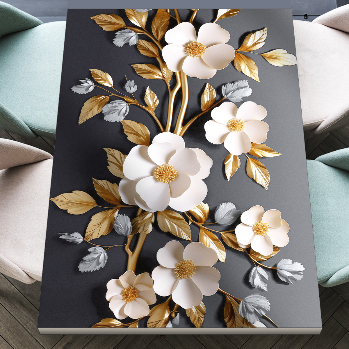 Вінілова наклейка на стіл Квіти з золотим листям, подвійна плівка, що самоклеїться, 60 х 100 см