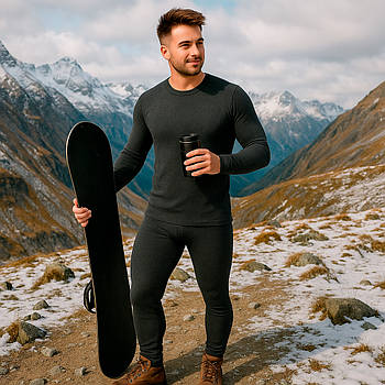 Термобілизна чоловіча зимова із шерсті XS, КМО-611, Чорна / Натуральна термобілизна для зими, спорту / Зимовий комплект білизни