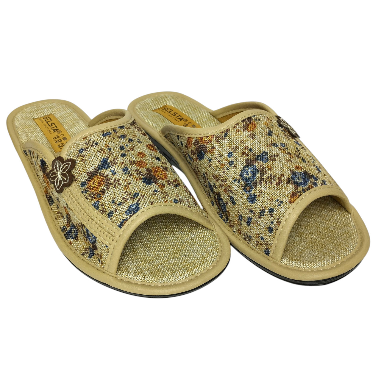 Жіночі відкриті капці Белста з бежевого текстилю з квітковим принтом, фото 1