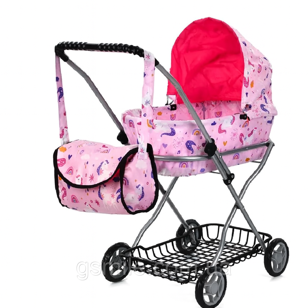 Коляска для ляльки Melogo 9325 демісезонна, металева, з кошиком та сумкою для речей