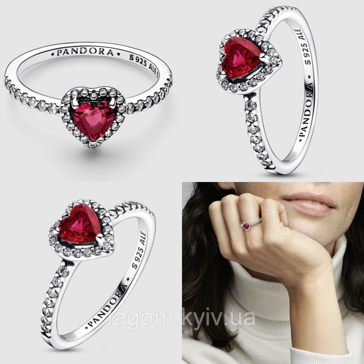 Срібна каблучка в стилі PANDORA "Червоне Серце" розмір 925 проба з червоним сердечком ПАНДОРА, фото 1