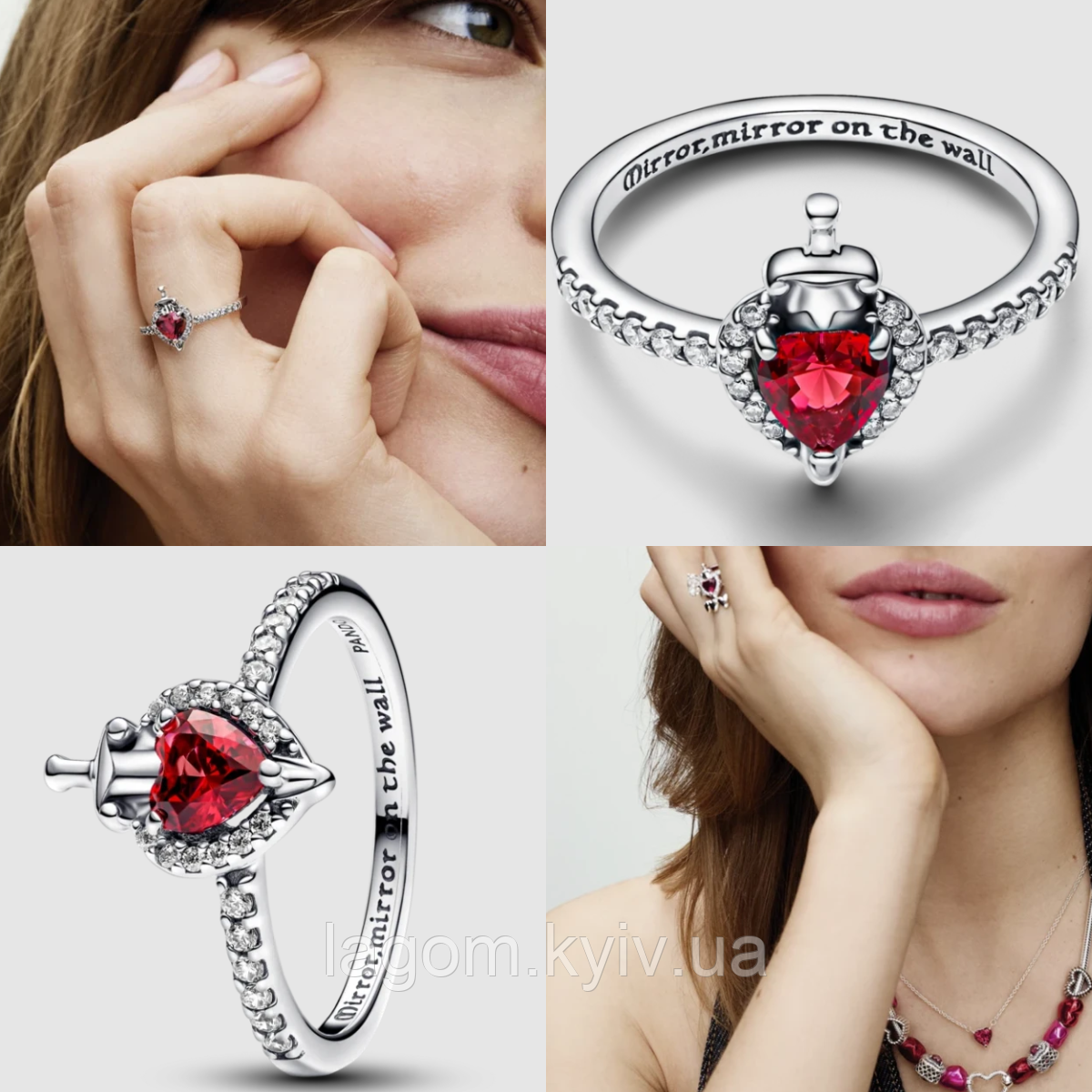 Срібна каблучка в стилі PANDORA "Зла Королева" 925 проба розмір 18 кільце з червоним сердечком ПАНДОРА, фото 1