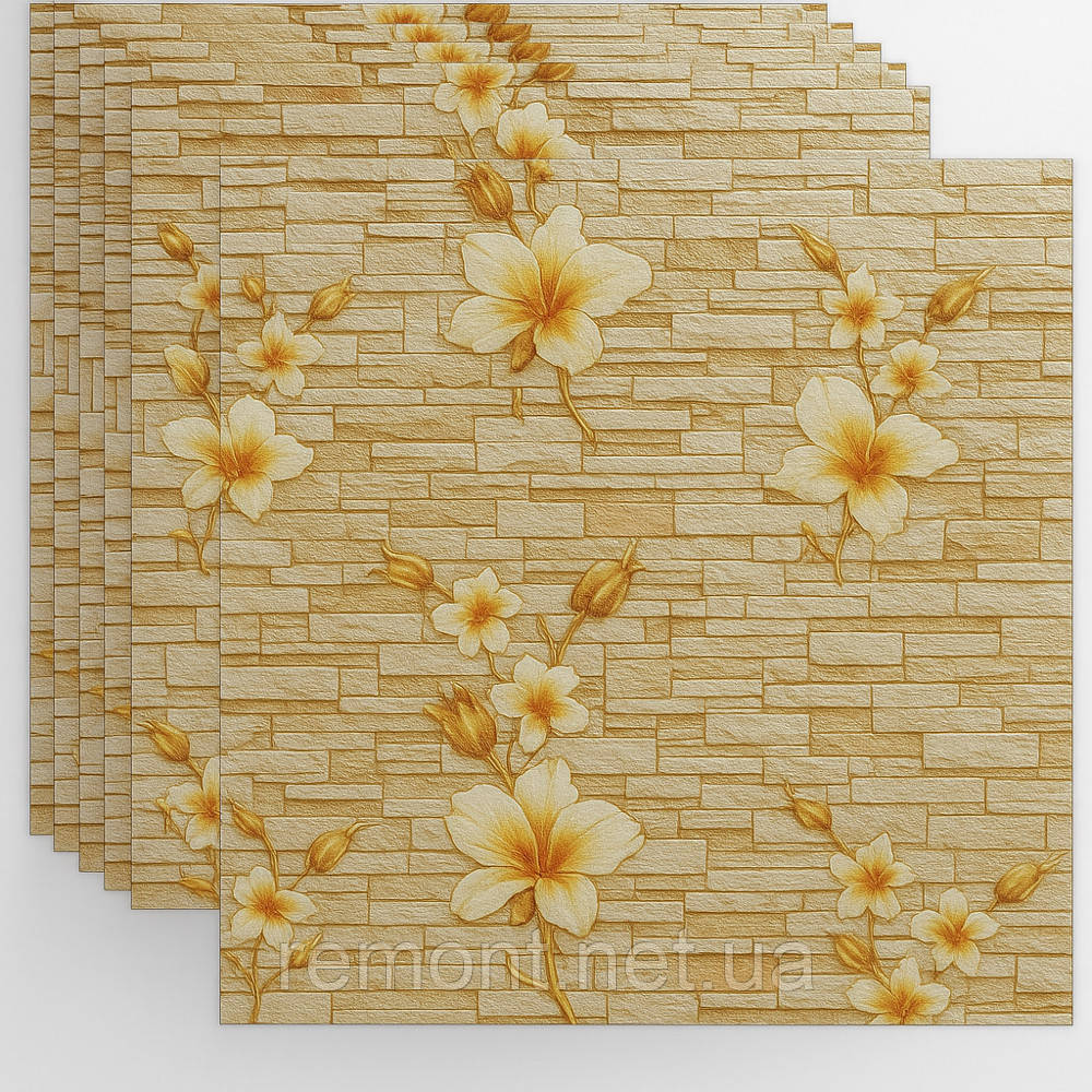 №345-4 Самоклеюча 3D панель "Золоті Орхідеї На Камені" 77×70 см товщина 4 мм, фото 1
