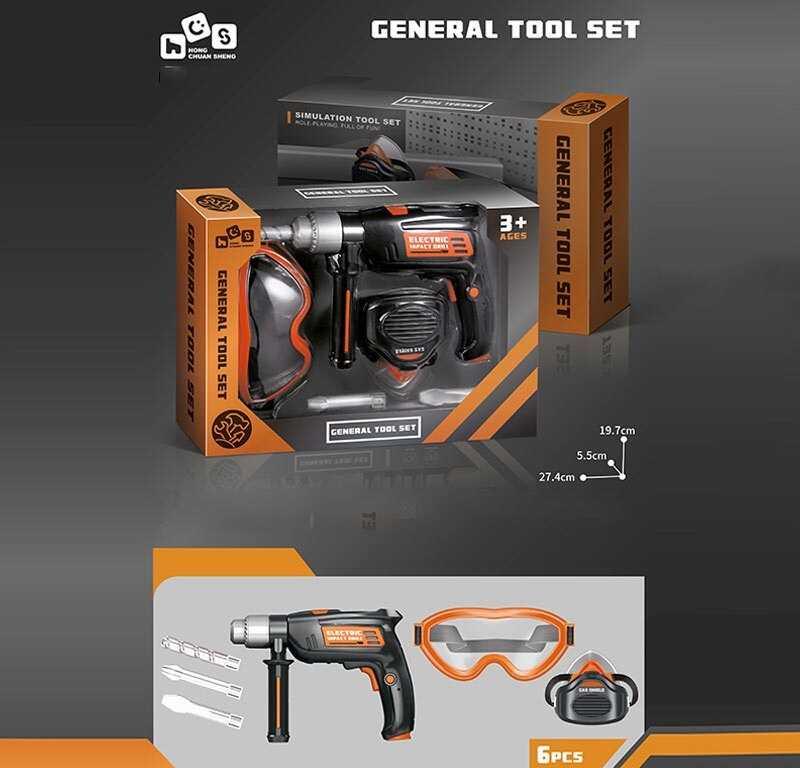 Набір інструментів з дрилью іграшковий Tool Set 778-5, 6 елементів, дриль на батарейках, реверс, окуляри, маска, фото 1