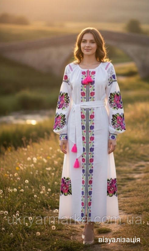 Біла сукня з вишитими рожевими і фіолетовими квітами "Рожеві мрії"