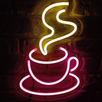 Неонова LED вивіска Філіжанка кави з USB-шнуром 27х37 см