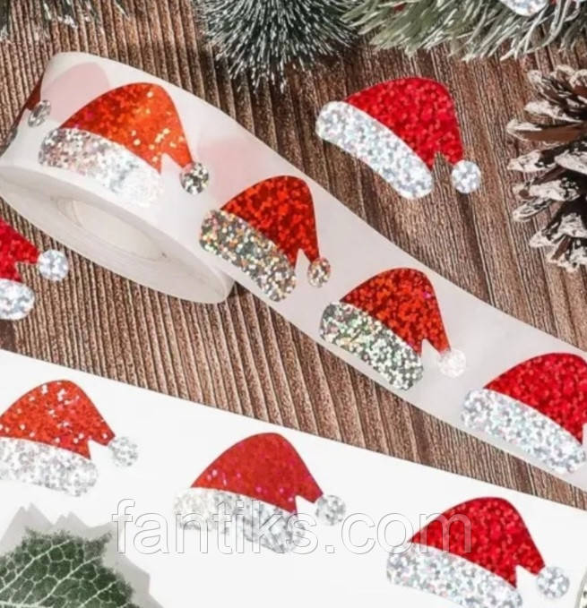 Комплект  500 шт. новорічних міні-стікерів "Капелюх Санти", фото 1