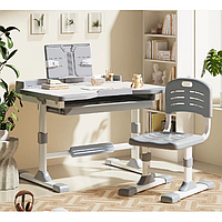 Детская парта для школьника с регулировкой высоты S P 0-9 парта трансформер с наклоном столешницы лампой и стулом серая