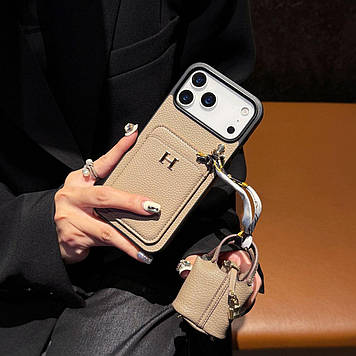 Чохол на айфон зі вставкою з натуральної шкіри + сумочка (чохол для навушників) хакі-grey, доступні до замовлення моделі: iPhone 6