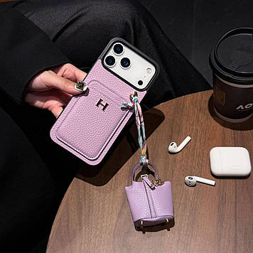 Чохол на айфон зі вставкою з натуральної шкіри + сумочка (чохол для навушників) фіалковий, доступні до замовлення моделі: iPhone 6