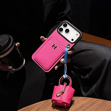 Чохол на айфон зі вставкою з натуральної шкіри + сумочка (чохол для навушників) рожевий, доступні до замовлення моделі: iPhone 6. 