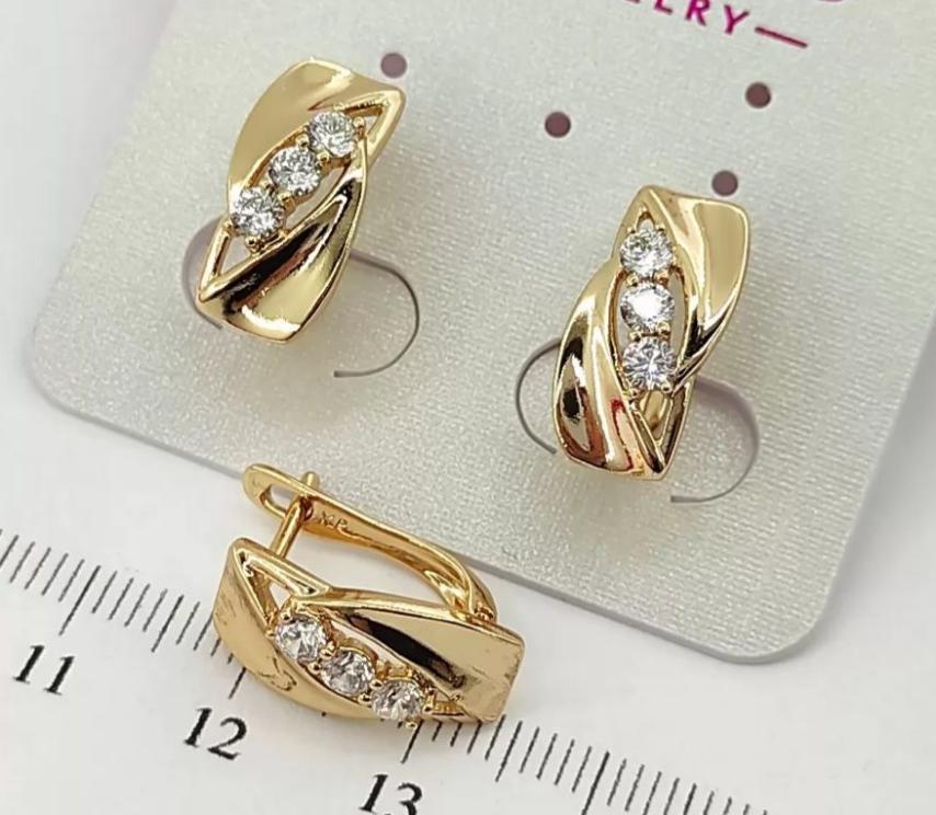 Сережки Пластина та 3 камінці  медичне золото, фото 1