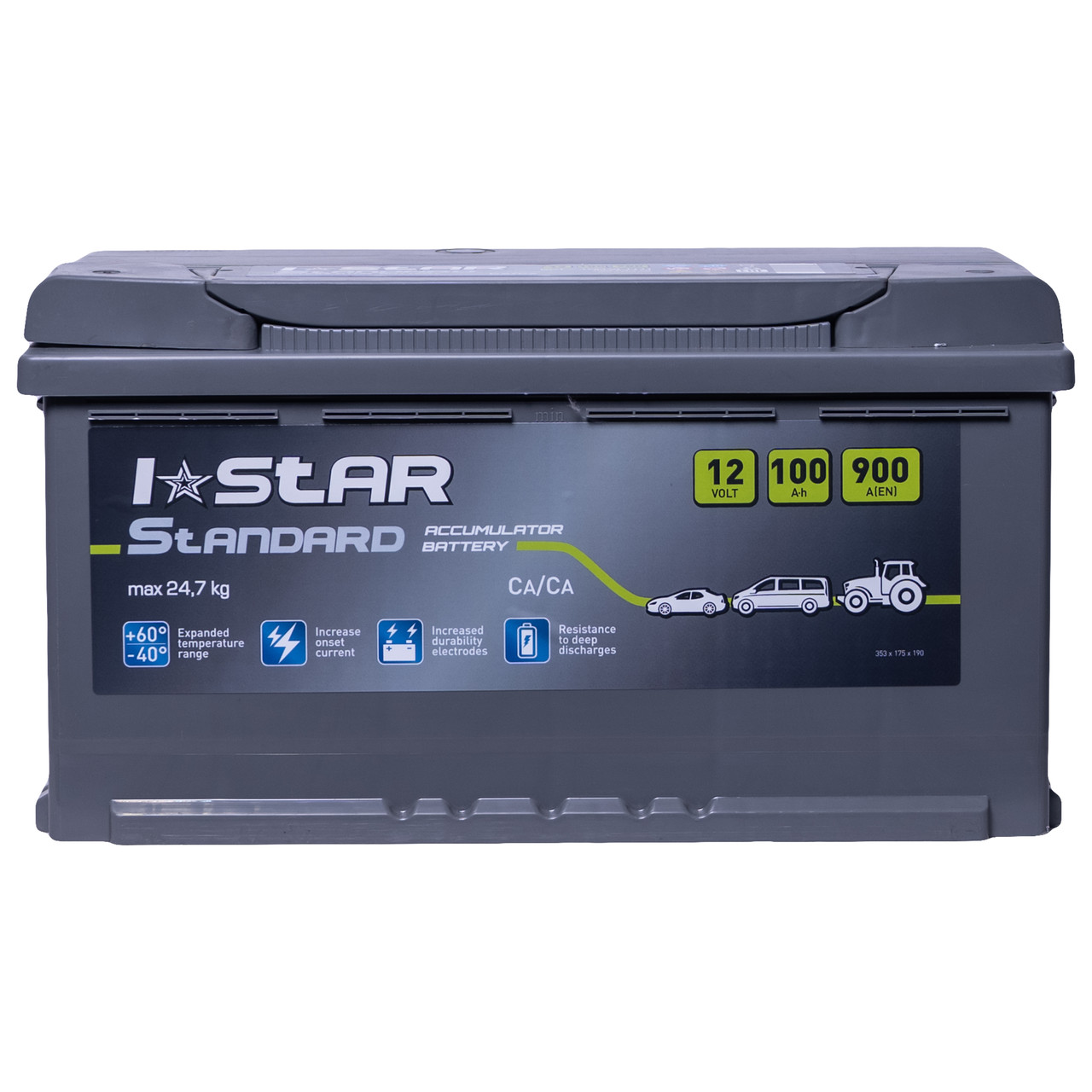 Акумулятор автомобільний 100Ah I STAR Standard (+/-) EN900 (24,7кг) 353x175x190, фото 1