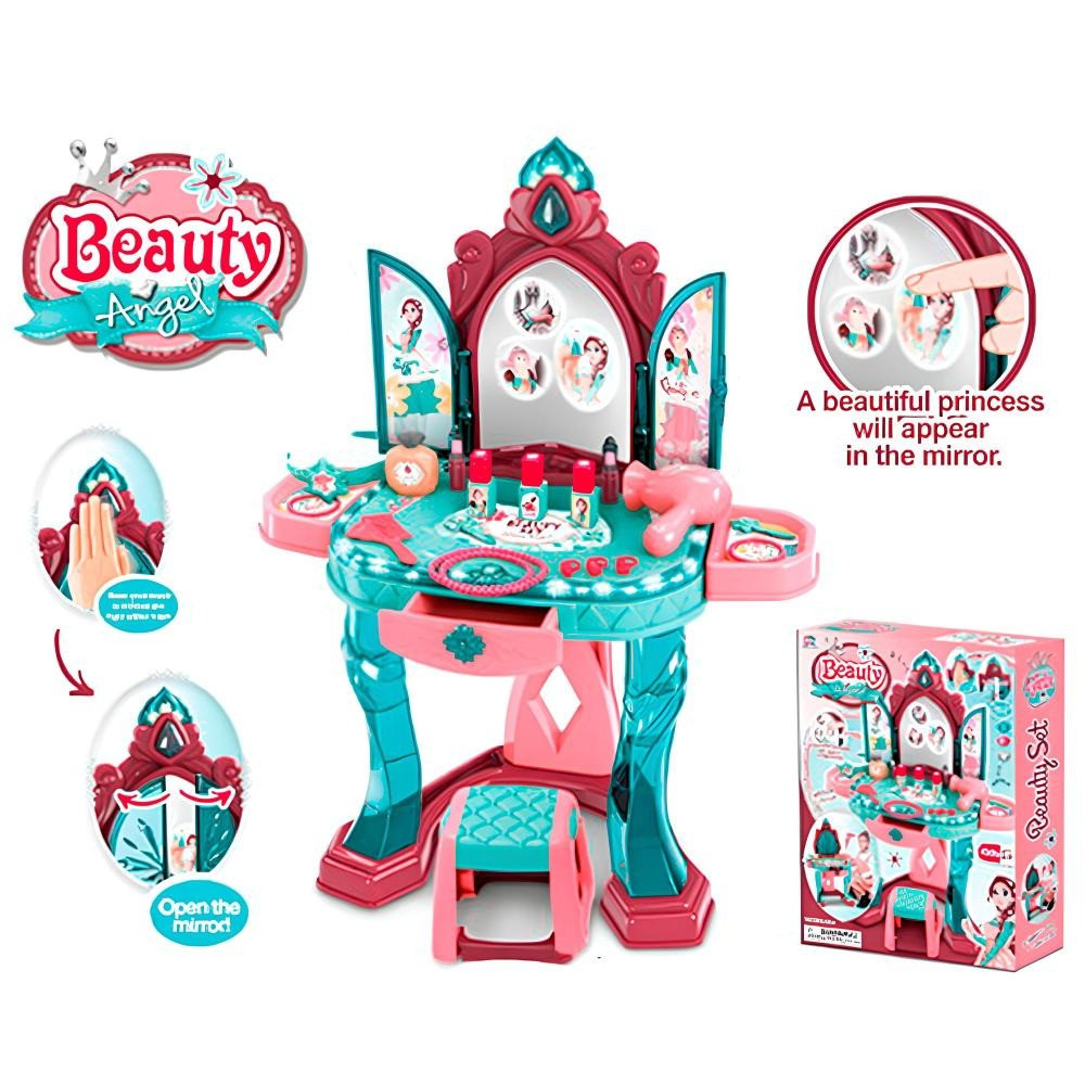 Дитяче трюмо зі стільчиком та аксесуарами фен флакони обруч прикраси музика світло та звук реагує на рух руки на батарейках, фото 1