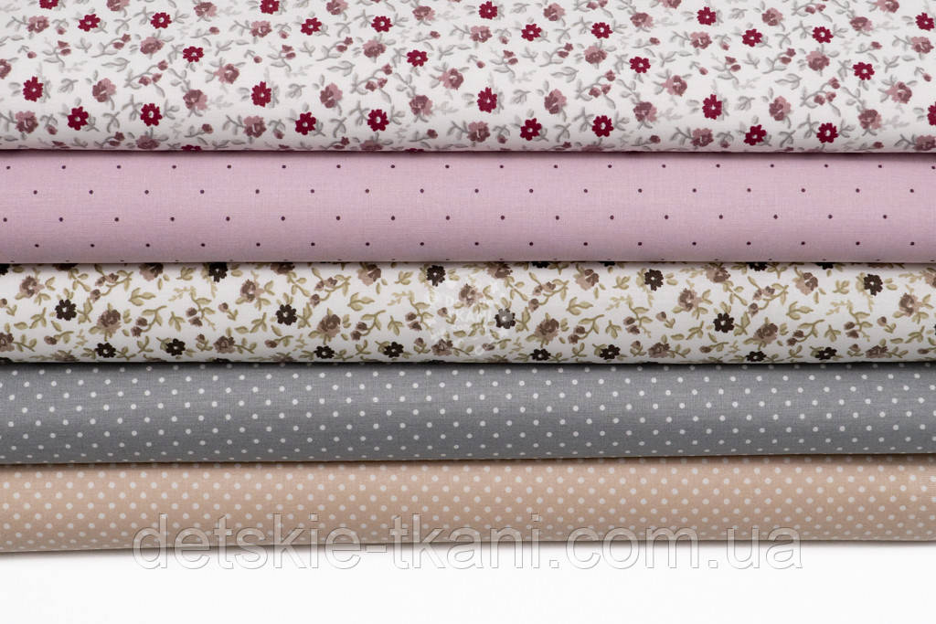 Набір тканин 40*40 см із 5 штук "Коричневі і бордові квіти", фото 1