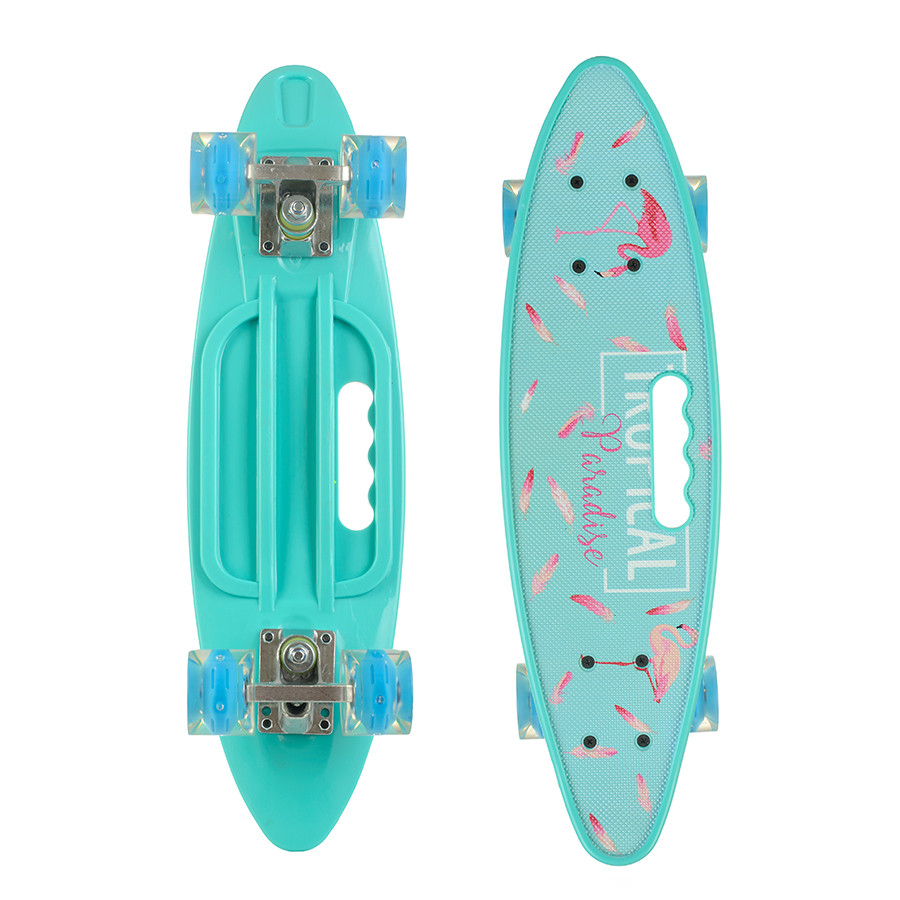 Скейт Пенніборд (Penny Board) зі світними колесами та ручкою "Фламінго"