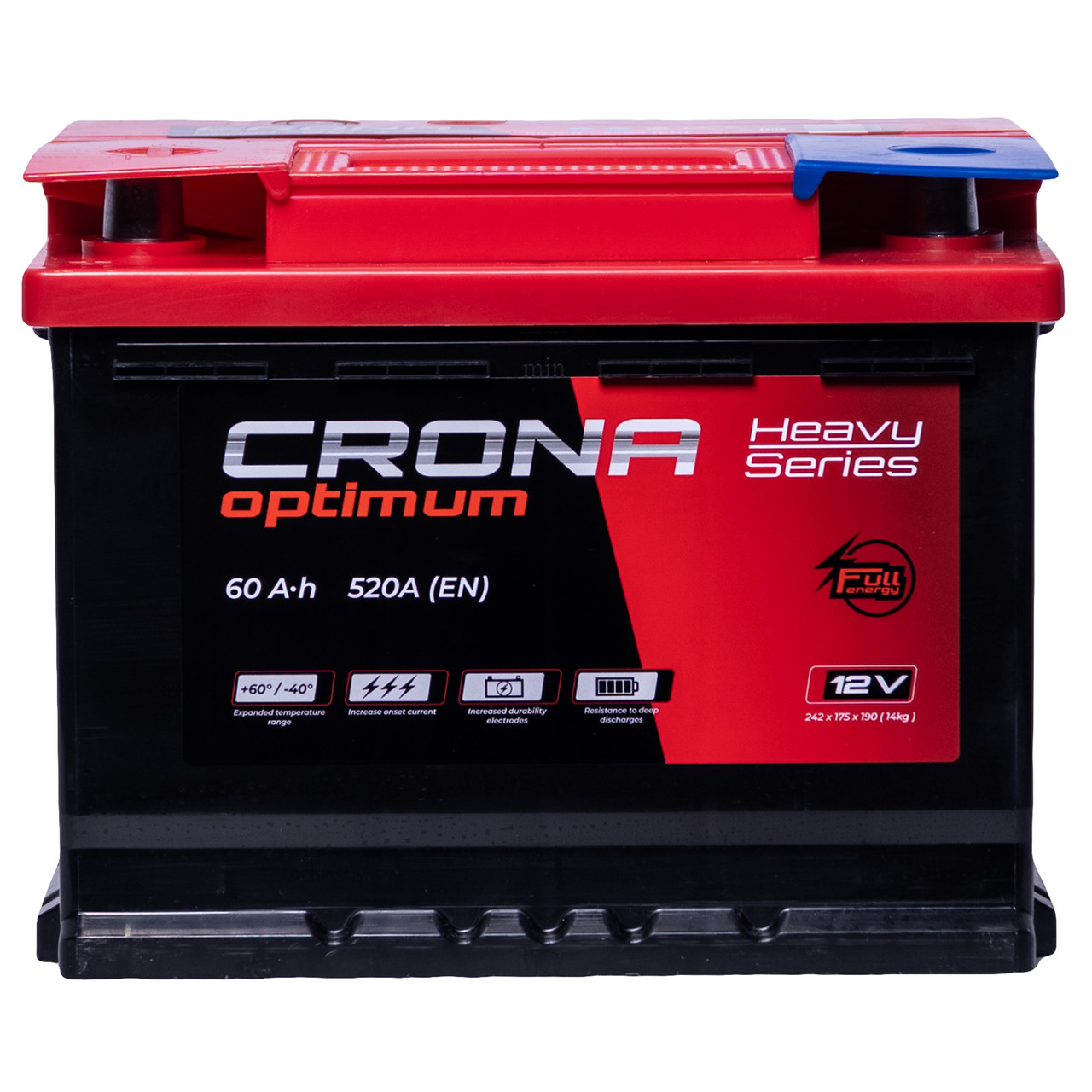 Акумулятор автомобільний 60Ah CRONA (червоний) (+/-) EN520  (14 кг) 242x175x190, фото 1