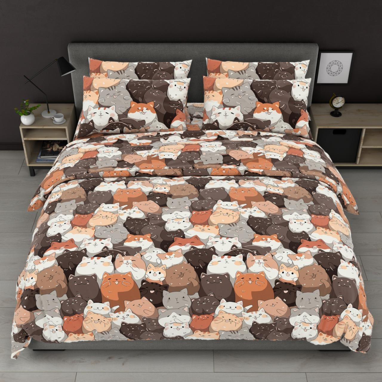 Євро комплект постільної білизни стандартний, принт: Котики 3Д