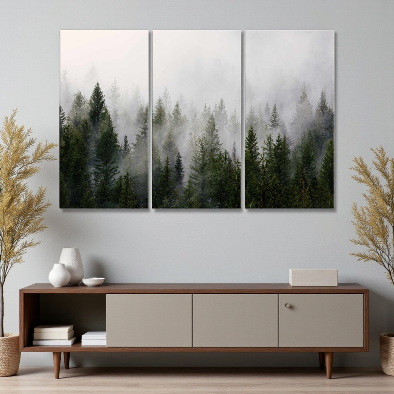 Картина «Туманний ліс Природа» з 3х частин Сучасний настінний декор для спальні, вітальні, офіса Друк на полотні 90х60 см, фото 1
