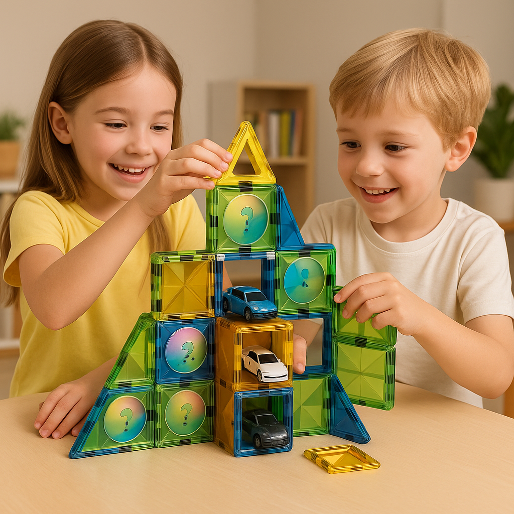 Конструктор магнітний дитячий різнокольоровий 3D магніти 60 деталей потужні магніти підсвічування машинки магнітні блоки плитки, фото 1