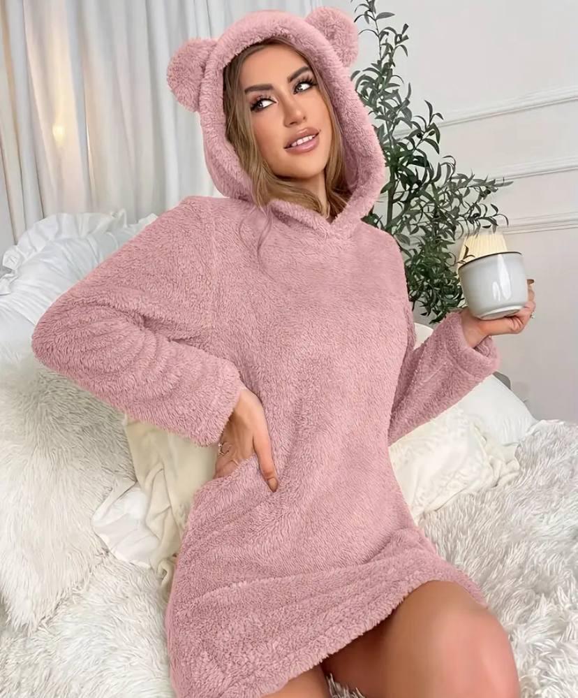 Жіноча тепла коротка сукня махрова з капюшоном і вушками, фото 1