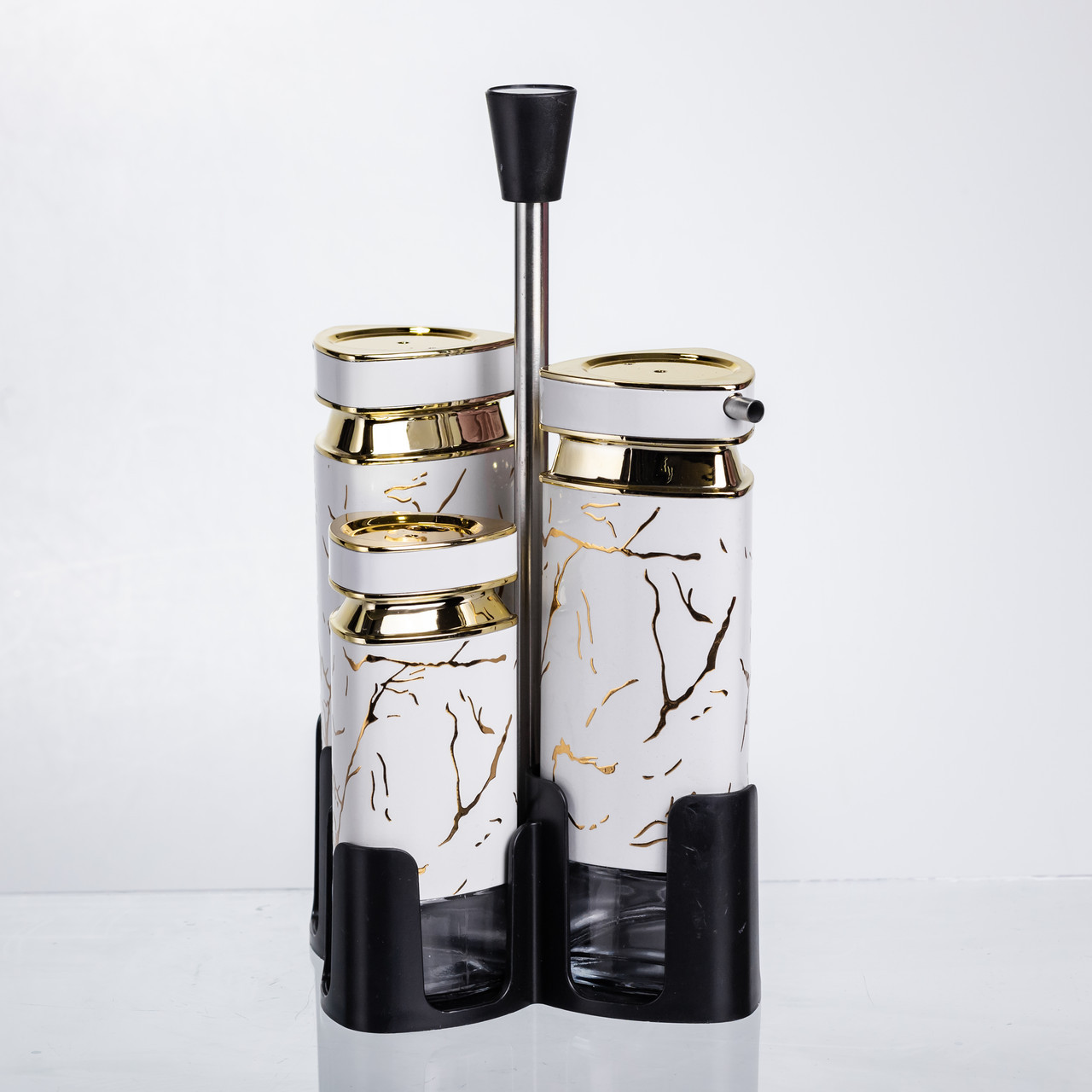 Набір баночок для спецій і рідких текстур 4 предмети на підставці білий мармур HP-1331, фото 1