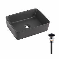 Раковина накладная Qtap Tern 480x370x135 мм, Anthracite, прямоугольная, с донным клапаном QT17116069AN