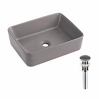 Раковина накладная Qtap Tern 480x370x135 мм, Stone grey, прямоугольная, с донным клапаном QT17116069SG