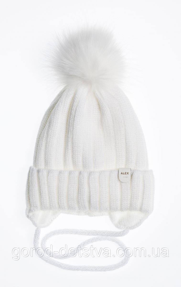 Зимова дитяча шапочка з бубоном на зав'язках для дівчинки розмір 48-50 см, фото 1
