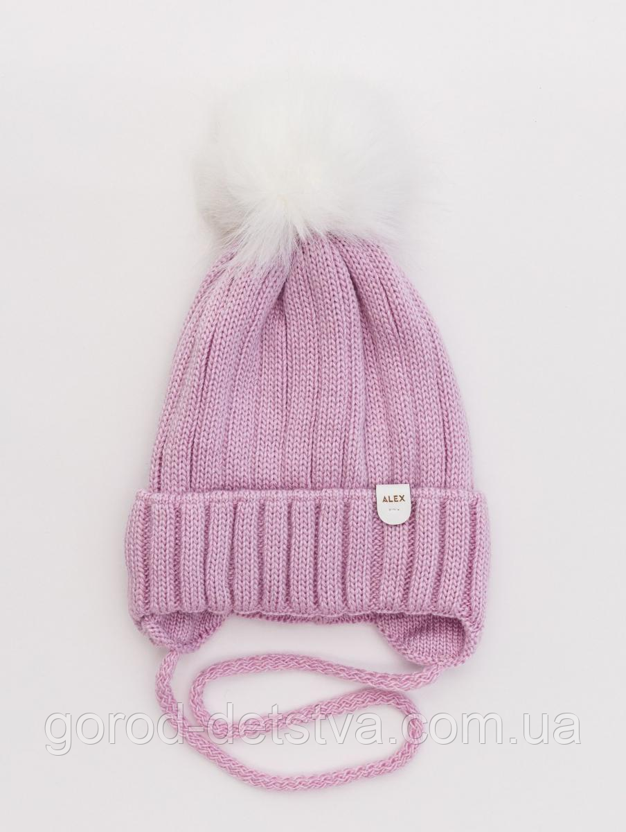 Зимова дитяча шапочка з бубоном на зав'язках для дівчинки розмір 48-50 см, фото 1