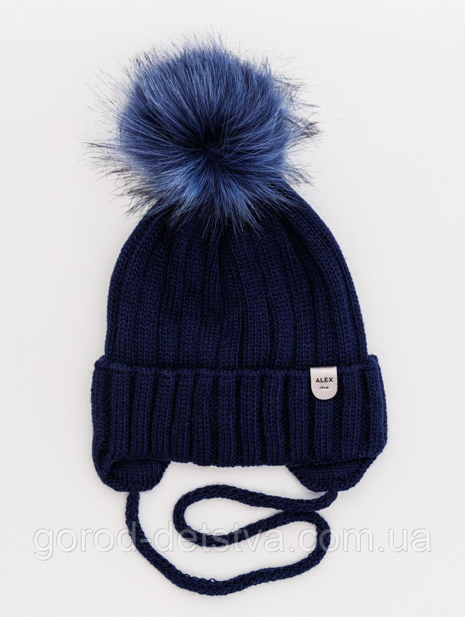 Зимова дитяча шапочка з бубоном на зав'язках для дівчинки розмір 48-50 см, фото 1