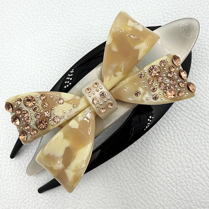 Заколка краб для волос французский пластик бантик кремового цвета с переливающимися стразами длина 12.5 см высота 5 см, фото 1