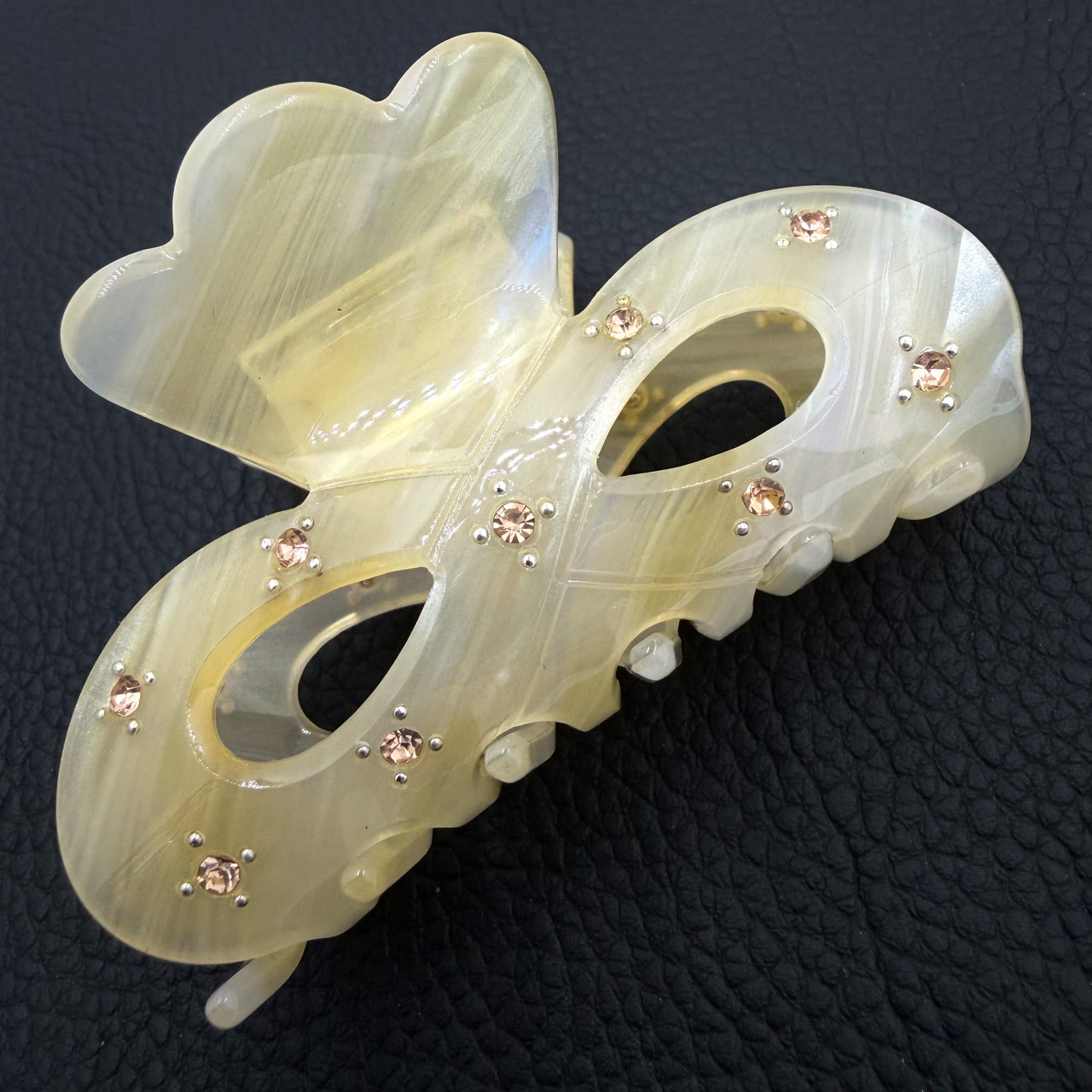 Краб для волос прочный французский пластик сливочного цвета перламутровый с камушками ширина 4 см длина 7 см