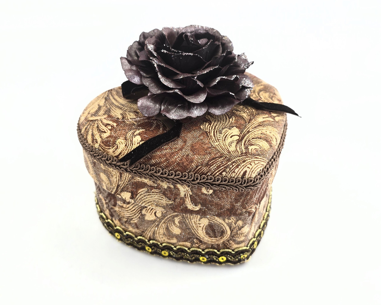 Скринька у формі серця з квіткою, тканинне оздоблення, 12.5×14×13 см, фото 1