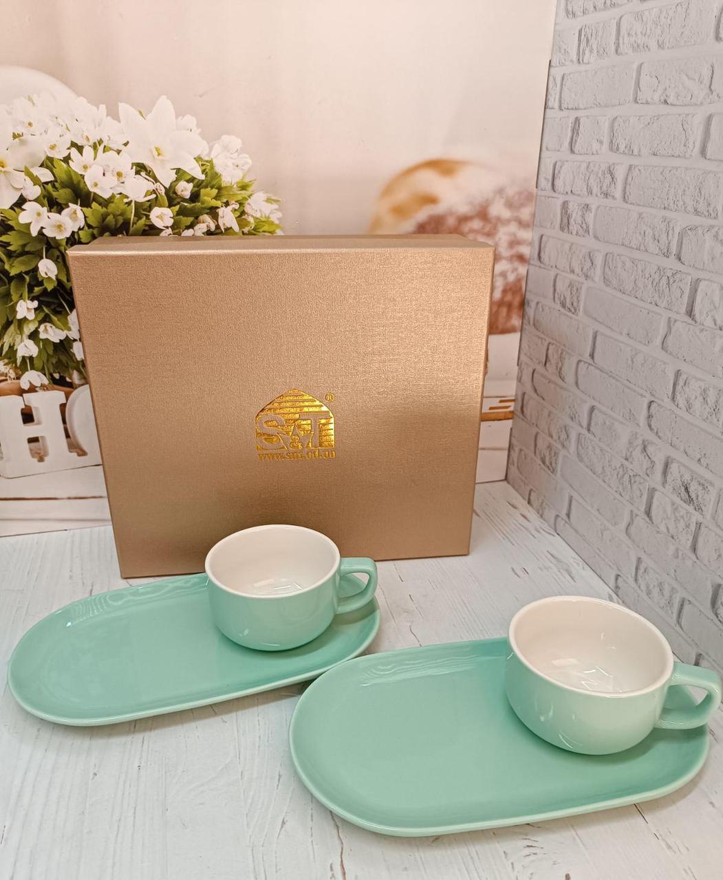 Сервіз чайний 2 чашки по 250 мл і 2 блюдця бірюзовий (157-00), фото 1