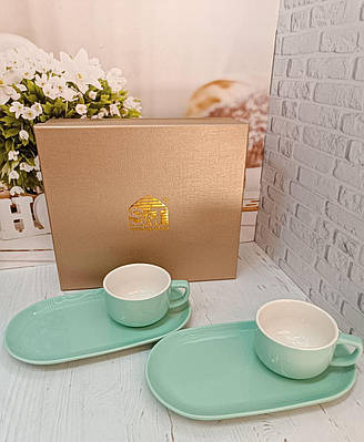 Сервіз чайний 2 чашки по 250 мл і 2 блюдця бірюзовий (157-00)