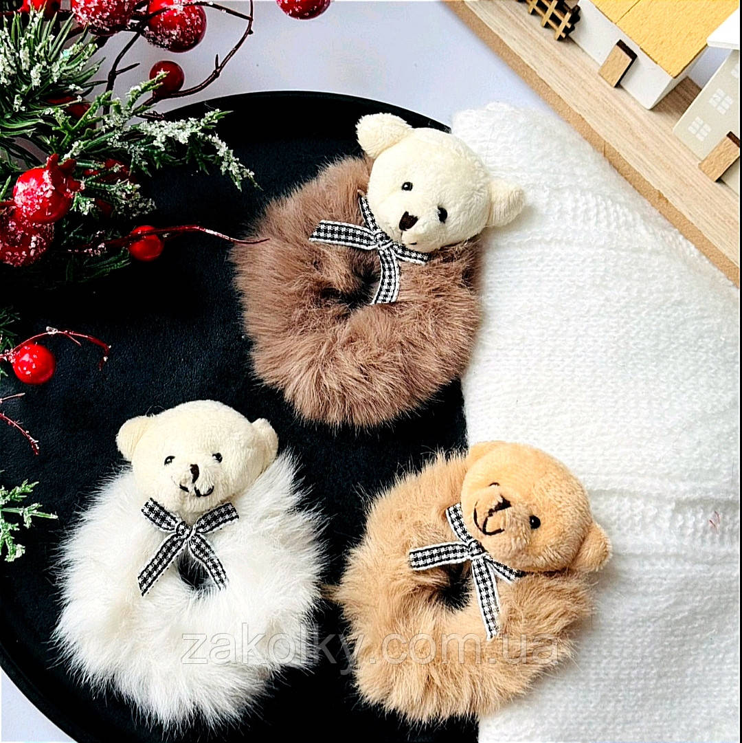 Гумки для волосся дитяче хутро "Мишка з бантиком".