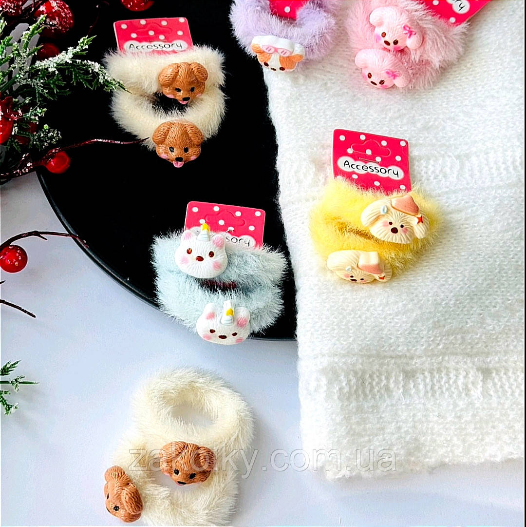 Гумки для волосся дитячі хутро "Собачки мікс".