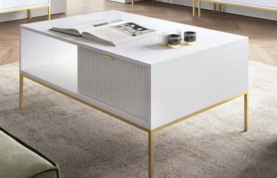 Стіл журнальний Perfect Home Нова / Nova з 2 шухлядами та золотими ніжками L104 Білий, фото 1