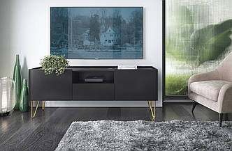 Тумба під телевізор Perfect Home Гармони / Harmony 1-дверна з 2 шухлядами і золотими ніжками RTV144 Чорний/чорний мармур роял