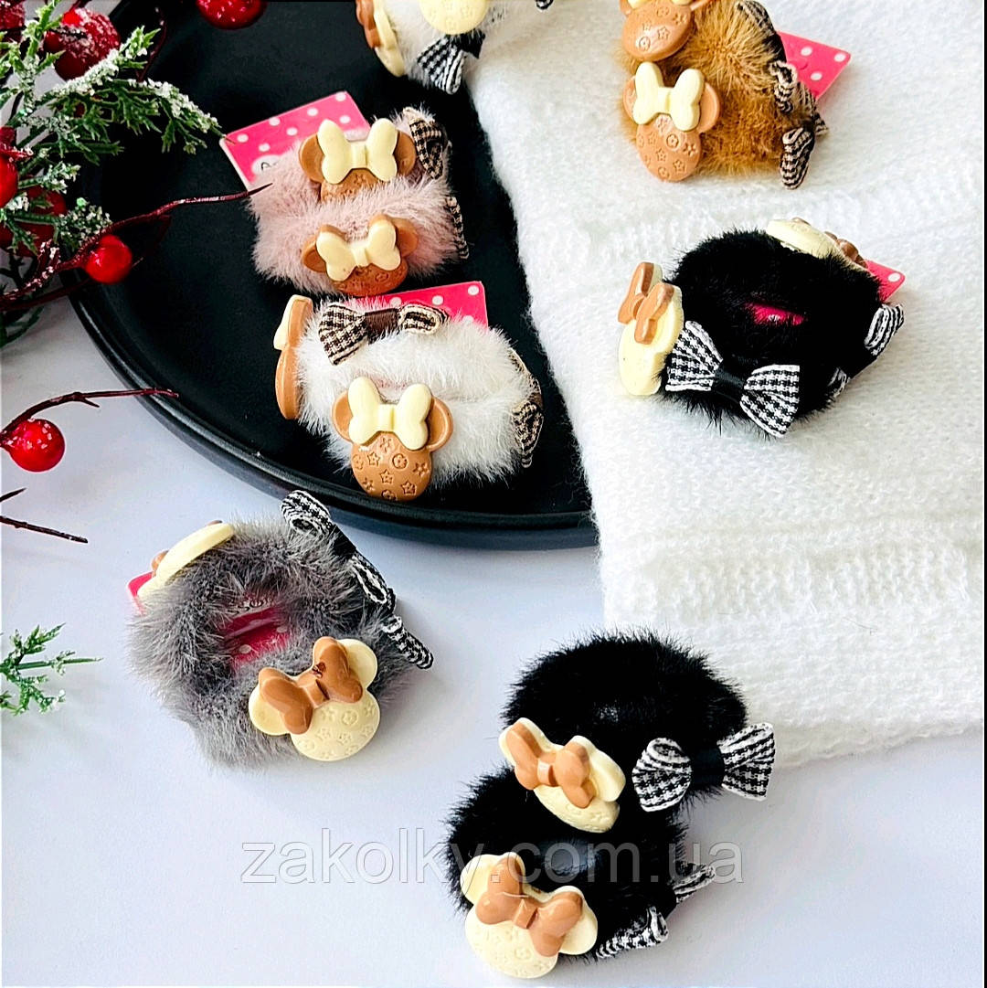 Гумки для волосся дитячі хутро "Мікі Маус із бантиком".